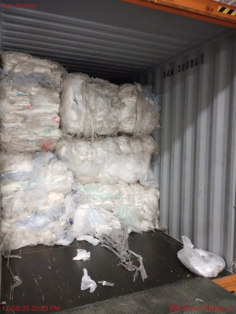 Bales of LDPE film stacked inside a shipping container